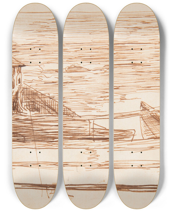 Triptych art skateboard deck of Winslow Homer House At A Railing With Beached Dories by Winslow Homer (1836-1910)