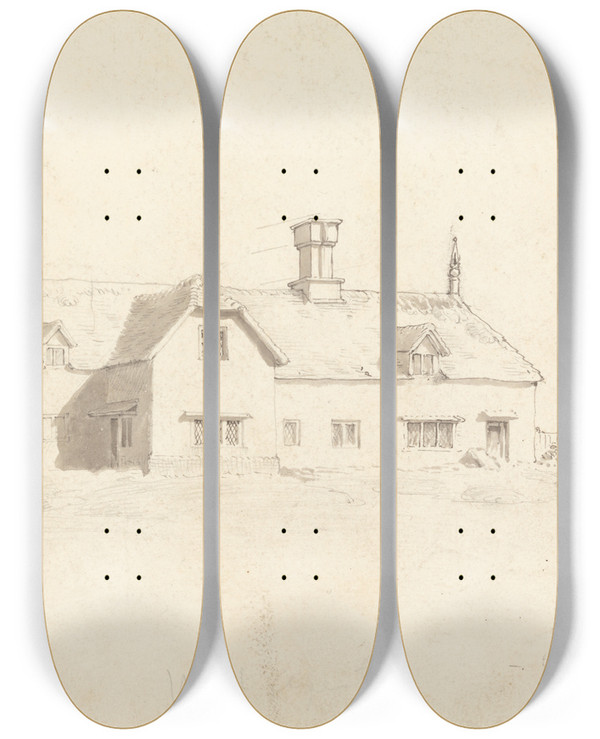 Triptych art skateboard deck of Cornelius Varley View Of A House by Cornelius Varley (1781-1873)
