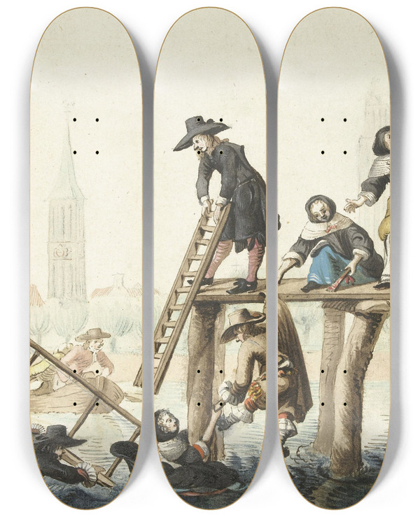 Triptych art skateboard deck of Gesina Ter Borch De Gebroken Brug Harmen Ter Borch C 1655 by Gesina Ter Borch (1633-1690)