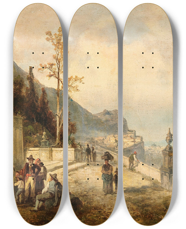 Triptych art skateboard deck of Josef Thoma Blick Auf Den Golf Von Neapel by Josef Thoma (1828-1899)