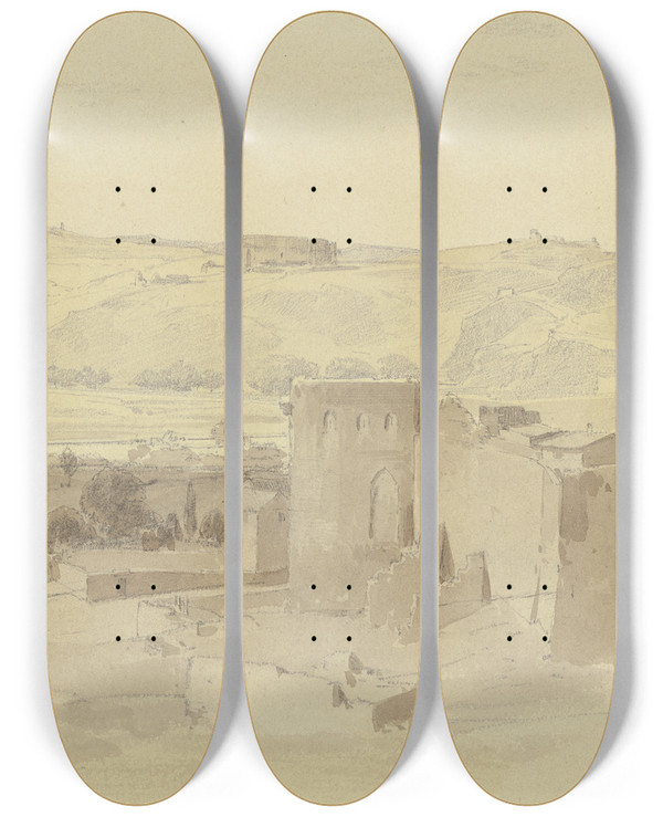 Triptych art skateboard deck of Fritz Bamberger Building Ensemble Near Toledo by Fritz Bamberger (1814-1873)
