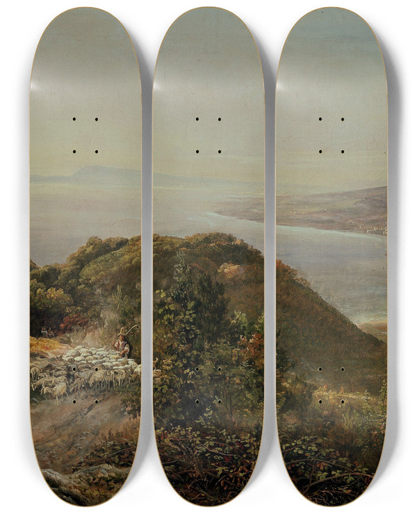 Triptych art skateboard deck of Johan Christian Dahl View From Pimonte by Johan Christian Dahl (1788-1857)