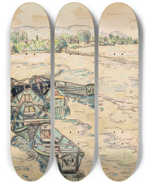 Triptych art skateboard deck of Paul Signac Bourgsaintandol_2 by Paul Signac (1863-1935)
