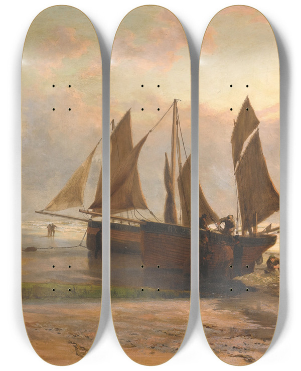 Triptych art skateboard deck of Thomas Rose Miles Morning Hastings Beach by Thomas Rose Miles (1869-1910)