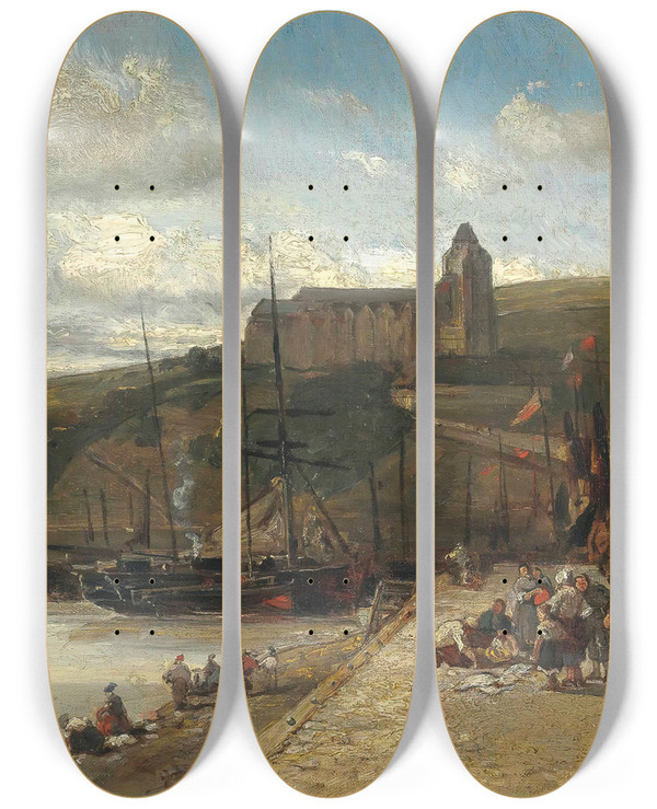 Triptych art skateboard deck of Johan Barthold Jongkind Le Trport Le Matin Normandie by Johan Barthold Jongkind (1819-1891)