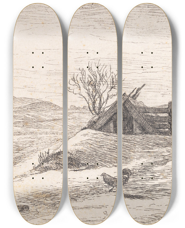 Triptych art skateboard deck of P C Skovgaard Vinterlandskab Ved Vejby by P C Skovgaard (1817-1875)