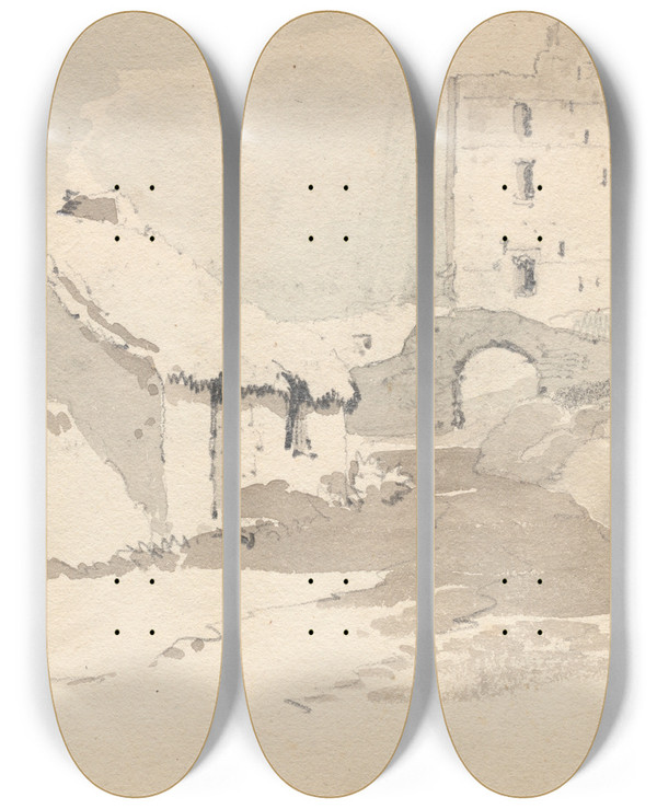 Triptych art skateboard deck of Samuel Prout Sketchbook Norham by Samuel Prout (1783-1852)