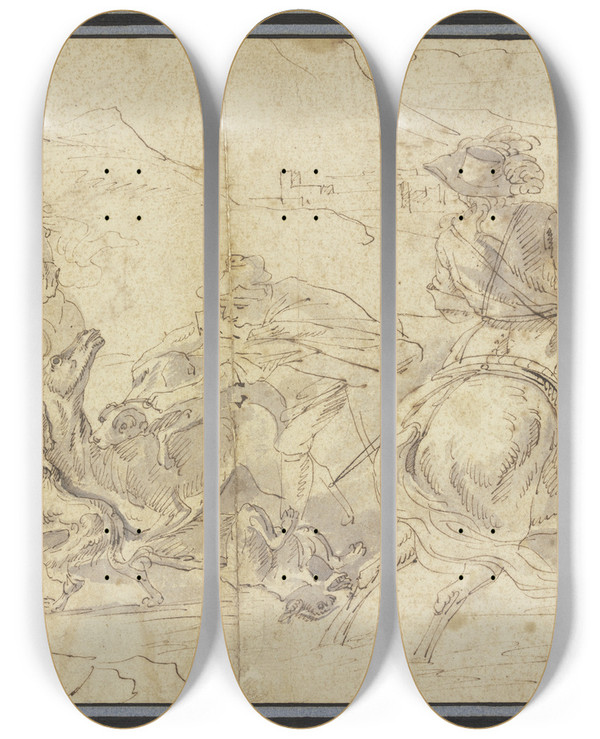 Triptych art skateboard deck of Jacques Courtois Stag Hunt On Horseback by Jacques Courtois (1621-1675)