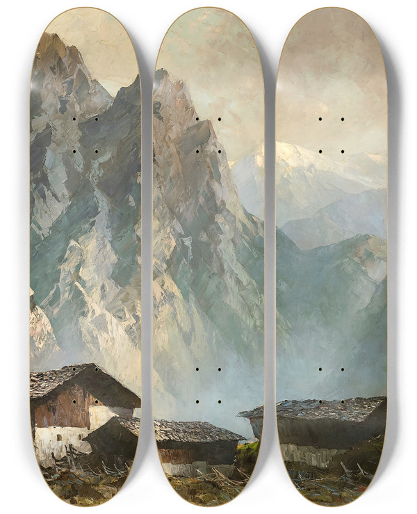 Triptych art skateboard deck of Oskar Mulley Am Hochjoch by Oskar Mulley (1891-1949)