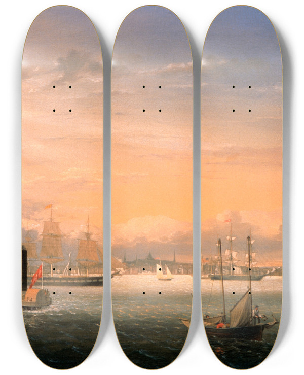 Triptych art skateboard deck of Fitz Henry Lane Boston Harbor_1 by Fitz Henry Lane (1804-1865)