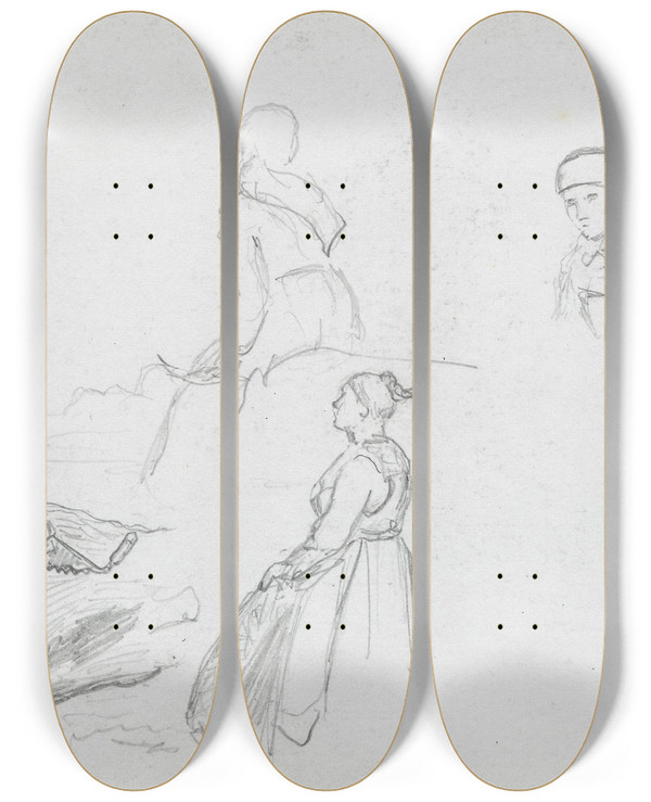 Triptych art skateboard deck of Hans Gude Figurstudier by Hans Gude (1825-1903)