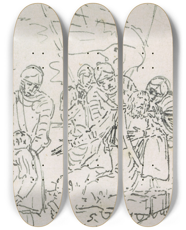 Triptych art skateboard deck of Benjamin West Study For The Death Of A Knight by Benjamin West (1738-1820)