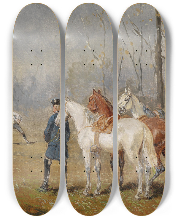 Triptych art skateboard deck of Alexander Von Bensa Das Duell by Alexander Von Bensa (1820-1902)