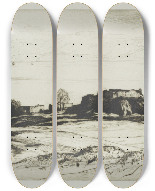 Triptych art skateboard deck of David Young Cameron Castle Urquhart by David Young Cameron (1865-1945)