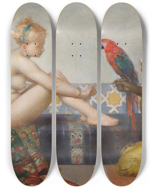 Triptych art skateboard deck of Charlesedouard De Beaumont In The Harem by Charles Edouard De Beaumont (1821-1888)