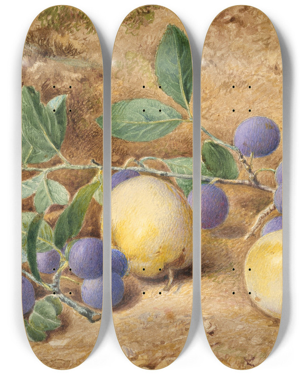 Triptych art skateboard deck of John William Hill Plums by John William Hill (1812-1879)