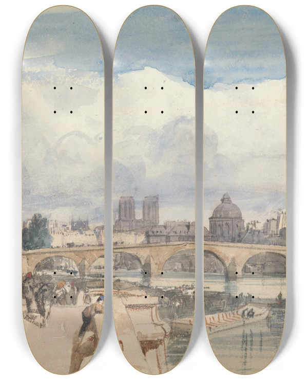 Triptych art skateboard deck of Thomas Shotter Boys Le Pont Royal Paris by Thomas Shotter Boys (1803-1874)