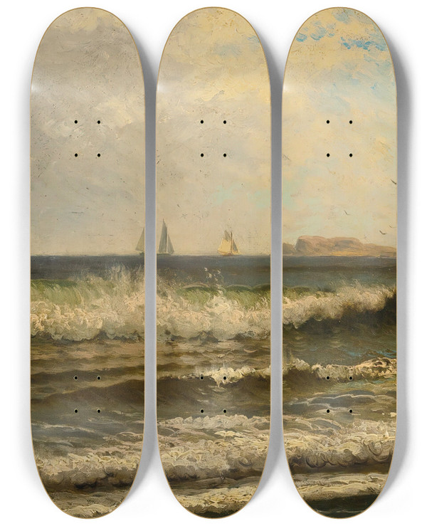 Triptych art skateboard deck of Alfred Thompson Bricher Breaking Waves by Alfred Thompson Bricher (1837-1908)