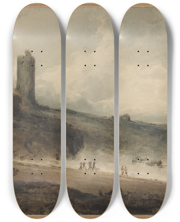Triptych art skateboard deck of John Sell Cotman Aberystwyth Castle by John Sell Cotman (1782-1842)