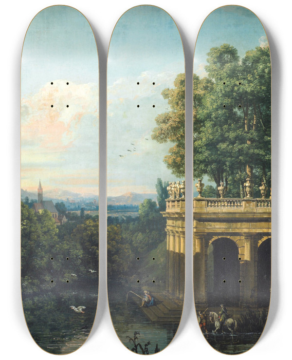 Triptych art skateboard deck of Bernardo Bellotto Architectural Caprice With A Palace by Bernardo Bellotto (1721-1780)