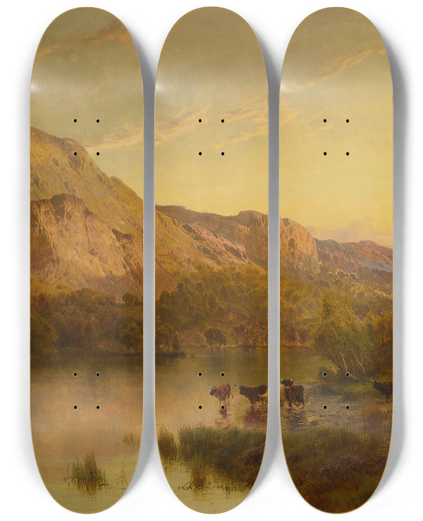 Triptych art skateboard deck of Alfred De Branski In The Highlands by Alfred De Breanski (1852-1928)