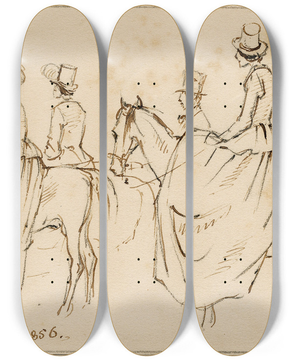 Triptych art skateboard deck of Pieter Van Loon Ruiters_1 by Pieter Van Loon (1801-1873)