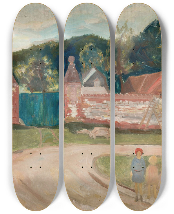 Triptych art skateboard deck of Tadeusz Makowski Road In Front Of The Farm by Tadeusz Makowski (1882-1932)
