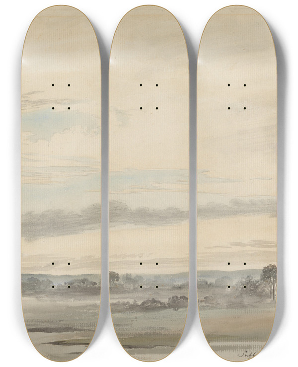 Triptych art skateboard deck of Cornelius Varley View In Suffolk by Cornelius Varley (1781-1873)