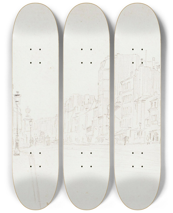 Triptych art skateboard deck of Frdric Houbron Carrefour Paris Ou Dans Les Faubourgs by Frederic Houbron (1851-1908)
