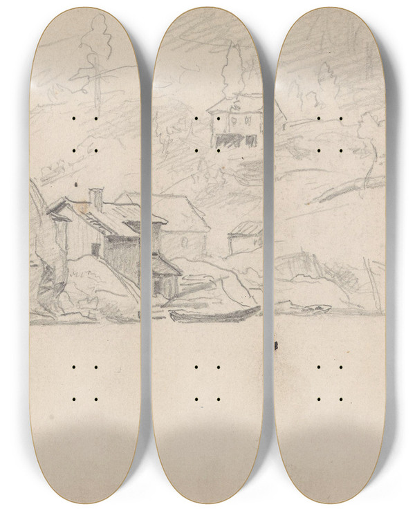 Triptych art skateboard deck of Hans Gude Hus Ved Kysten Krager by Hans Gude (1825-1903)