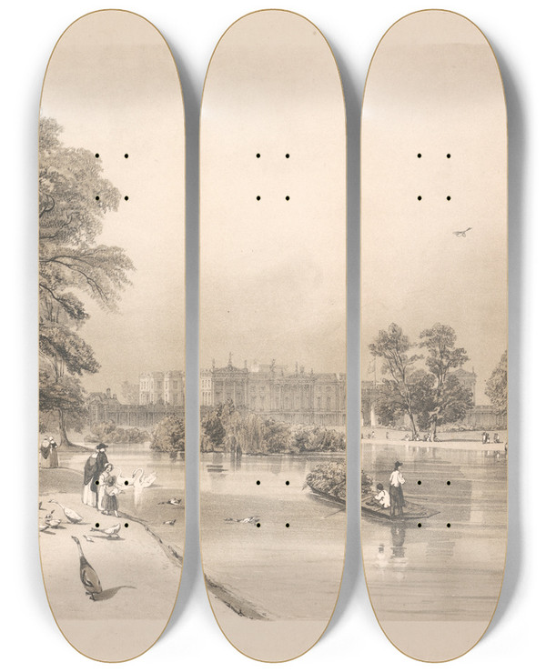 Triptych art skateboard deck of Thomas Shotter Boys Buckingham Palace From St Jamess Park by Thomas Shotter Boys (1803-1874)