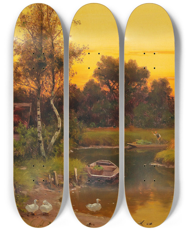 Triptych art skateboard deck of Walter Moras Idyllic Evening Scene On The Spree by Walter Moras (1856-1925)