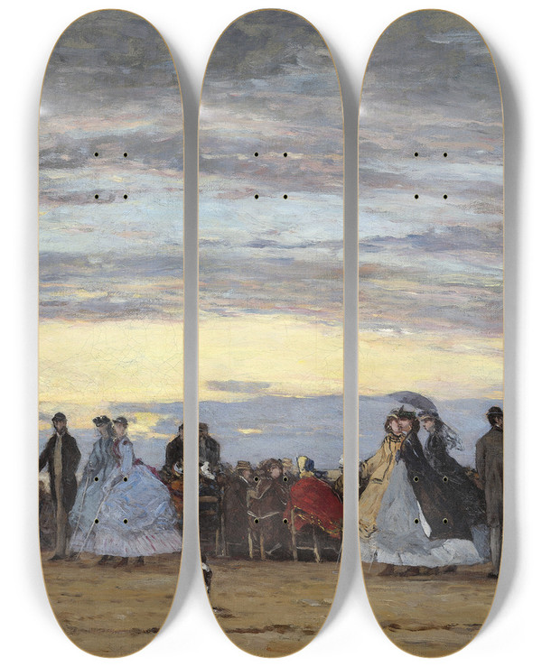 Triptych art skateboard deck of Eugne Boudin The Beach At Villerville by Eugene Boudin (1824-1898)