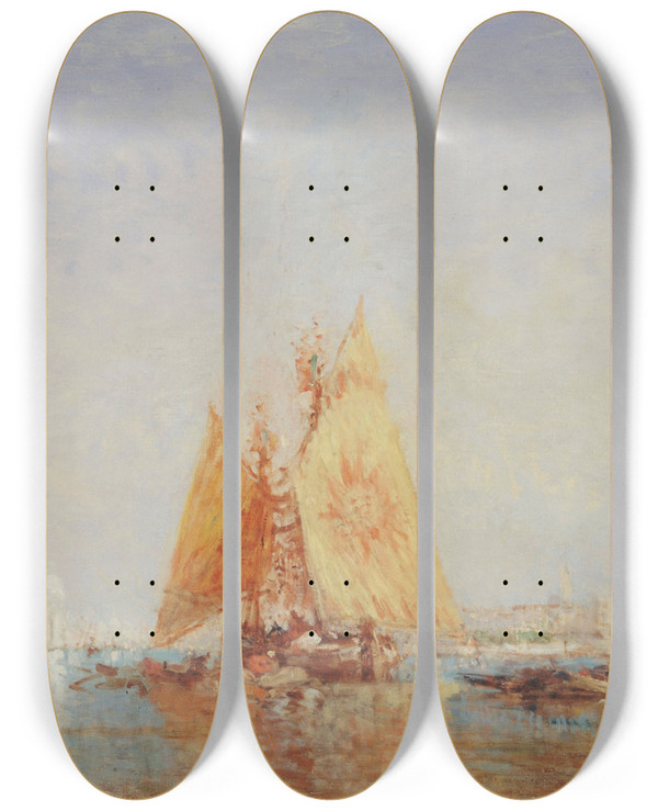 Triptych art skateboard deck of Flix Ziem Venise Trabaccolo La Voile Jaune by Felix Ziem (1821-1911)