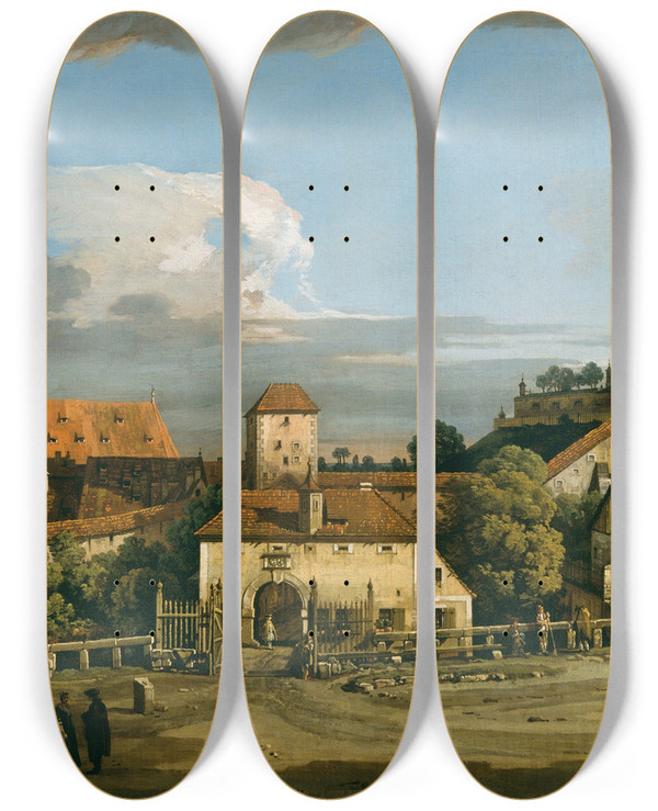 Triptych art skateboard deck of Bernardo Bellotto Pirn The Obertor From The South by Bernardo Bellotto (1721-1780)