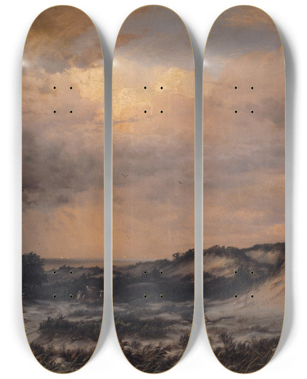 Triptych art skateboard deck of Carleton Wiggins Sand Dunes Coney Island by Carleton Wiggins (1848-1932)