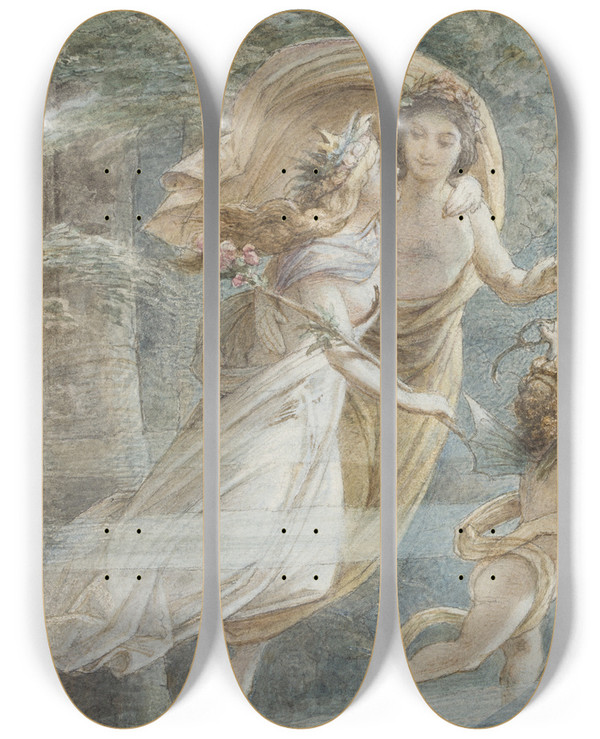 Triptych art skateboard deck of Leopold Bode Das Schwebende Knigspaar Oberon Und Titania Begleitet Von Weiteren Elfen by Leopold Bode (1831-1906)
