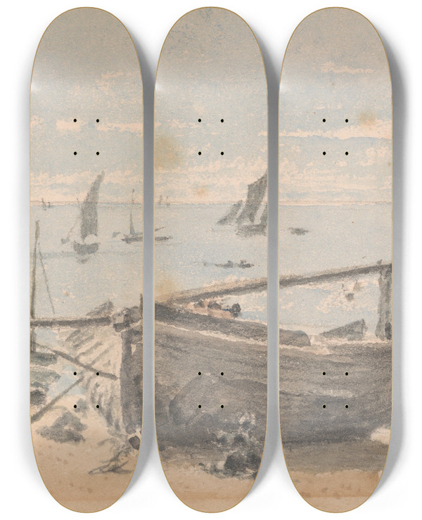 Triptych art skateboard deck of Agostino Aglio The Elder Scene On Brighton Beach by Agostino Aglio the elder