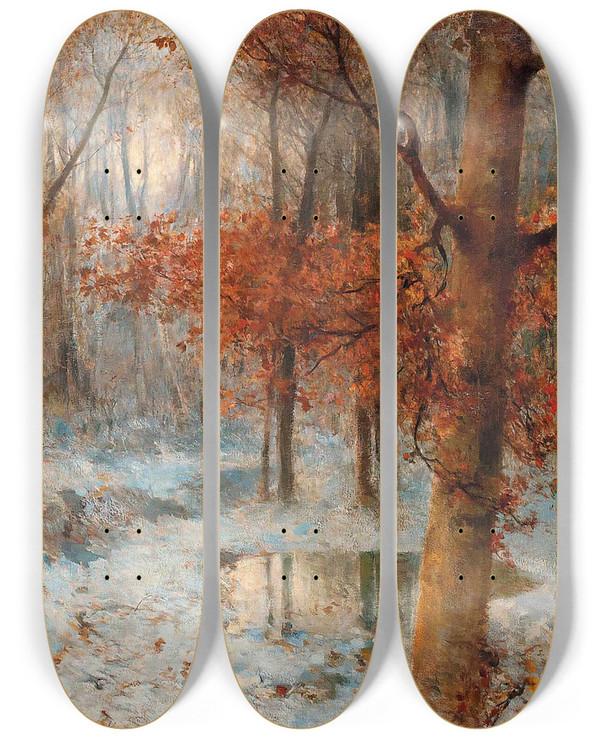 Triptych art skateboard deck of Paolo Sala First Snow by Paolo Sala (1859-1924)