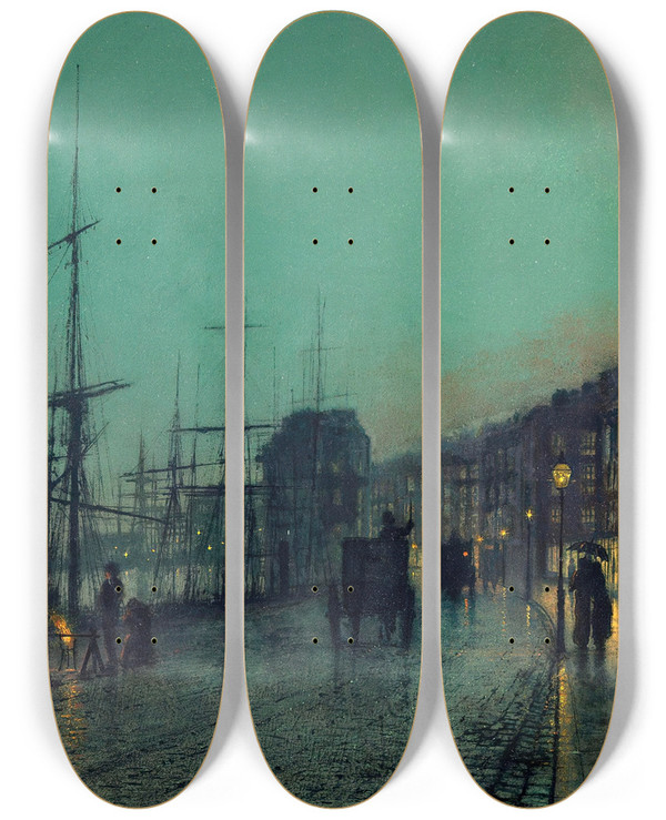 Triptych art skateboard deck of John Atkinson Grimshaw Shipping On The Clyde by John Atkinson Grimshaw (1836-1893)