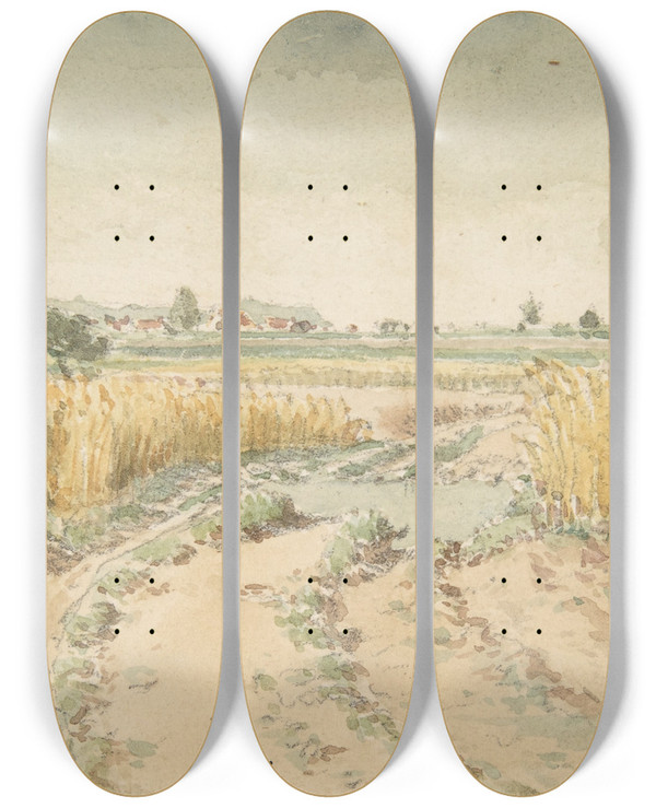 Triptych art skateboard deck of Thodore Rousseau Wheatfields by Theodore Rousseau (1812-1867)