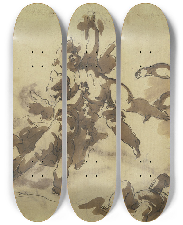 Triptych art skateboard deck of Gaspare Diziani Playing Cherubs_1 by Gaspare Diziani (1689-1767)