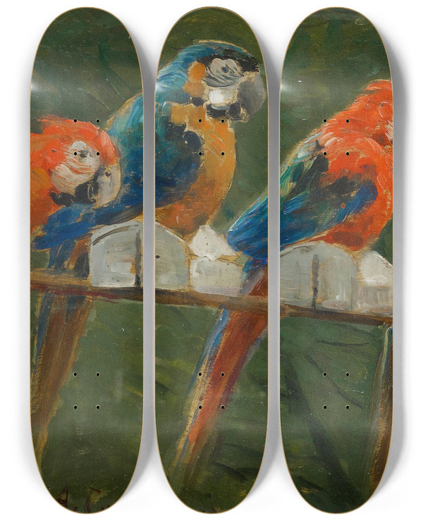 Triptych art skateboard deck of Alceste Campriani Pappagalli by Alceste Campriani (1848-1933)