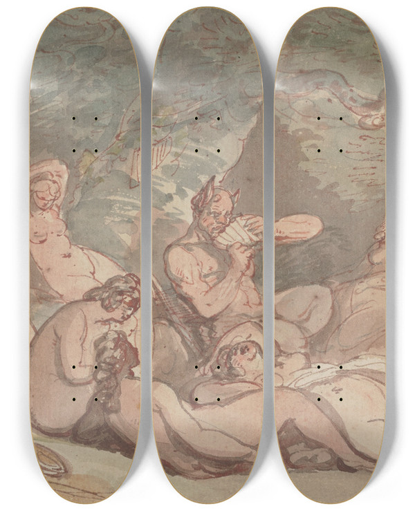 Triptych art skateboard deck of Thomas Rowlandson Satyrs And Nymphs by Thomas Rowlandson (1756-1827)