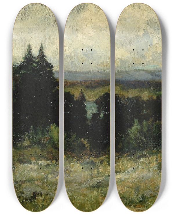 Triptych art skateboard deck of Edward Mitchell Bannister Untitled Landscape Fields With Rocks And Trees by Edward Mitchell Bannister (1828-1901)