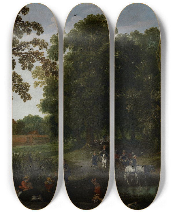 Triptych art skateboard deck of Esaias Van De Velde Courtly Procession Before Abstpoel Castle by Esaias van de Velde (1587-1630)