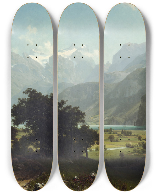 Triptych art skateboard deck of Albert Bierstadt Lake Lucerne by Albert Bierstadt (1830-1902)