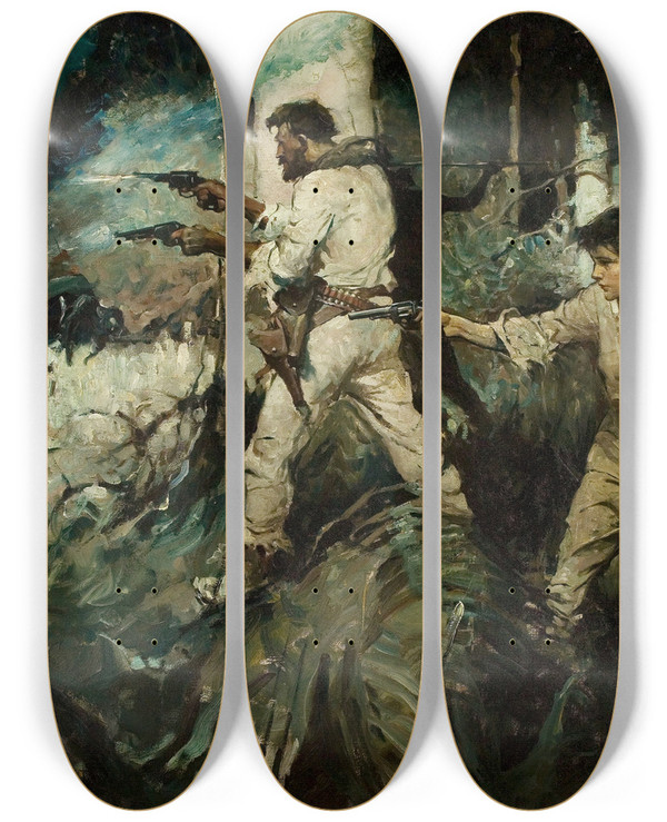 Triptych art skateboard deck of Frank Earle Schoonover The Wolf Halted by Frank Earle Schoonover (1877-1972)