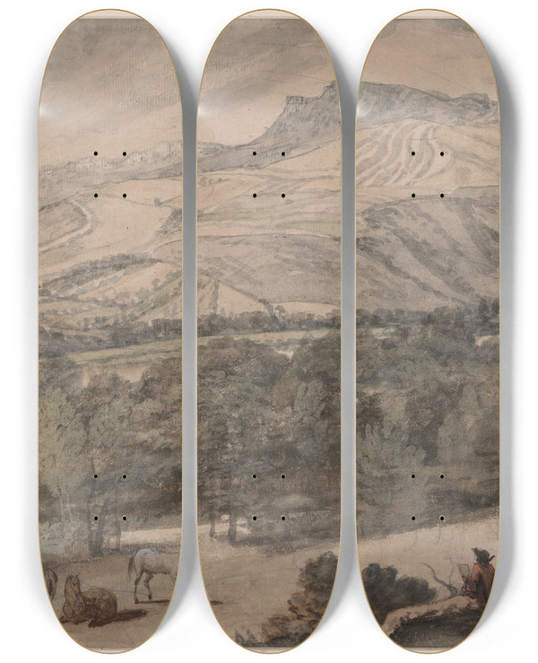 Triptych art skateboard deck of Jan Siberechts Gezicht By Chatsworth In Derbyshire by Jan Siberechts (1627-1703)