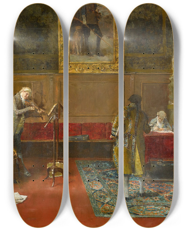 Triptych art skateboard deck of Luis Jimnez Aranda The Recital by Luis Jimenez Aranda (1845-1928)